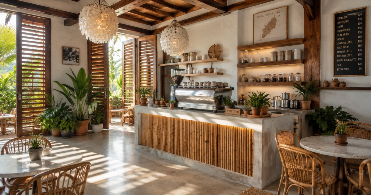 Small cafe interior in Panglao with tropical plants and natural light