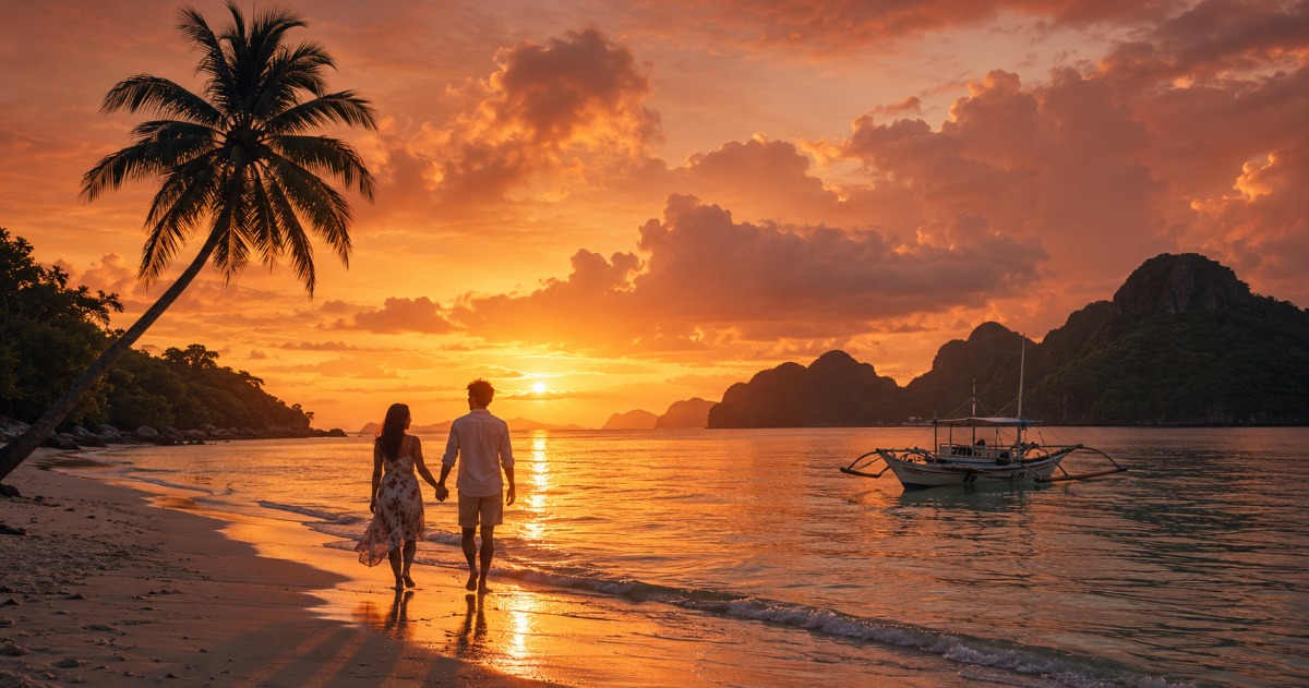 Sunset over Bohol coastline with a couple walking on the beach